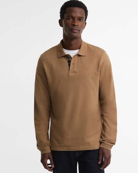 Barbour Long Sleeve Tartan Trim Pique Polo Shirt - Stone