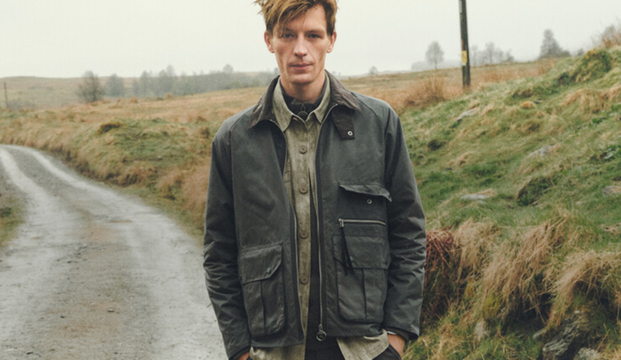 Model is wearing a Barbour Bedale wax jacket.