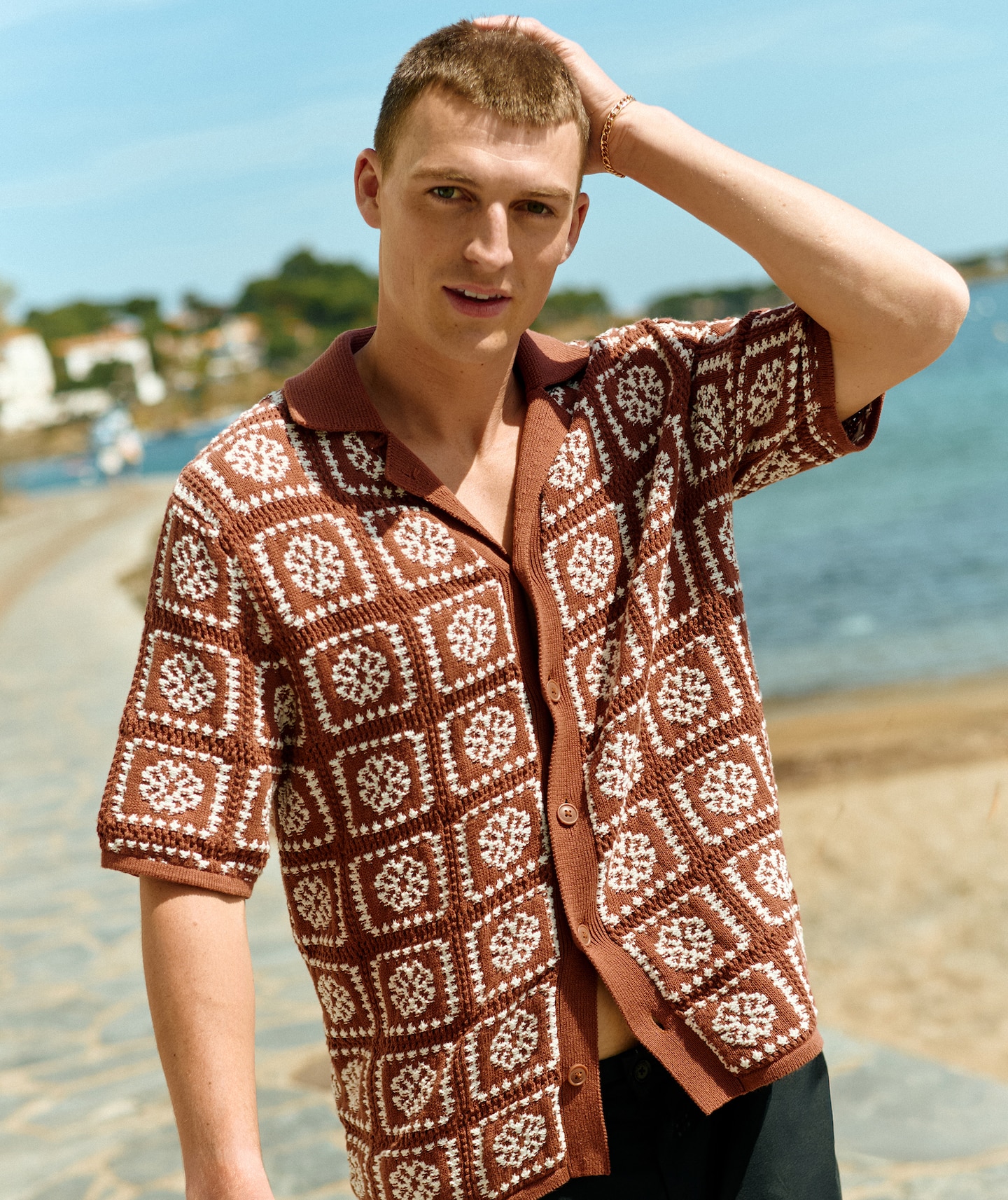 Model wears Only & Sons Bart Crochet Shirt - Rust