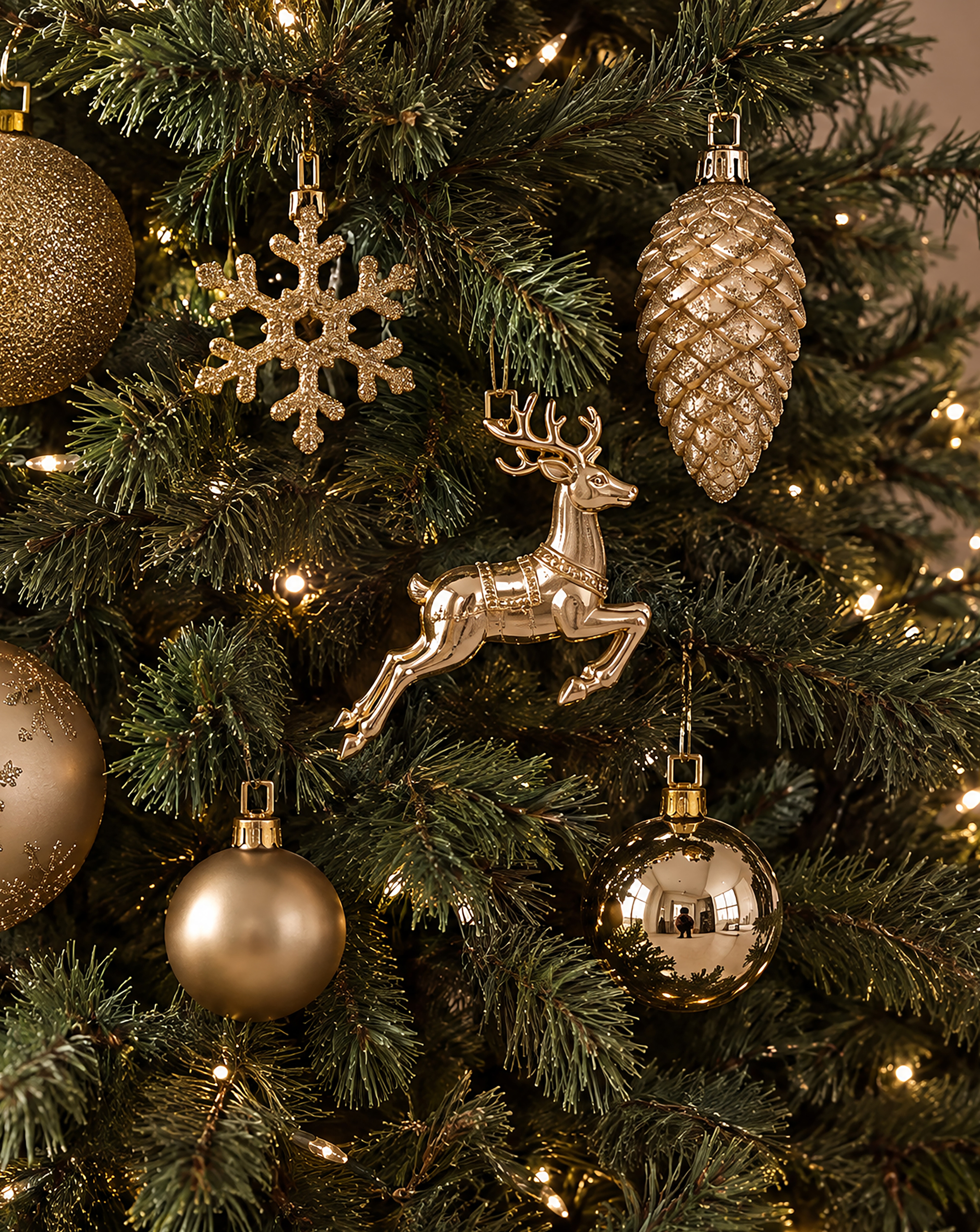 Christmas tree pictured with Gold Shatterproof Bauble Bumper Pack