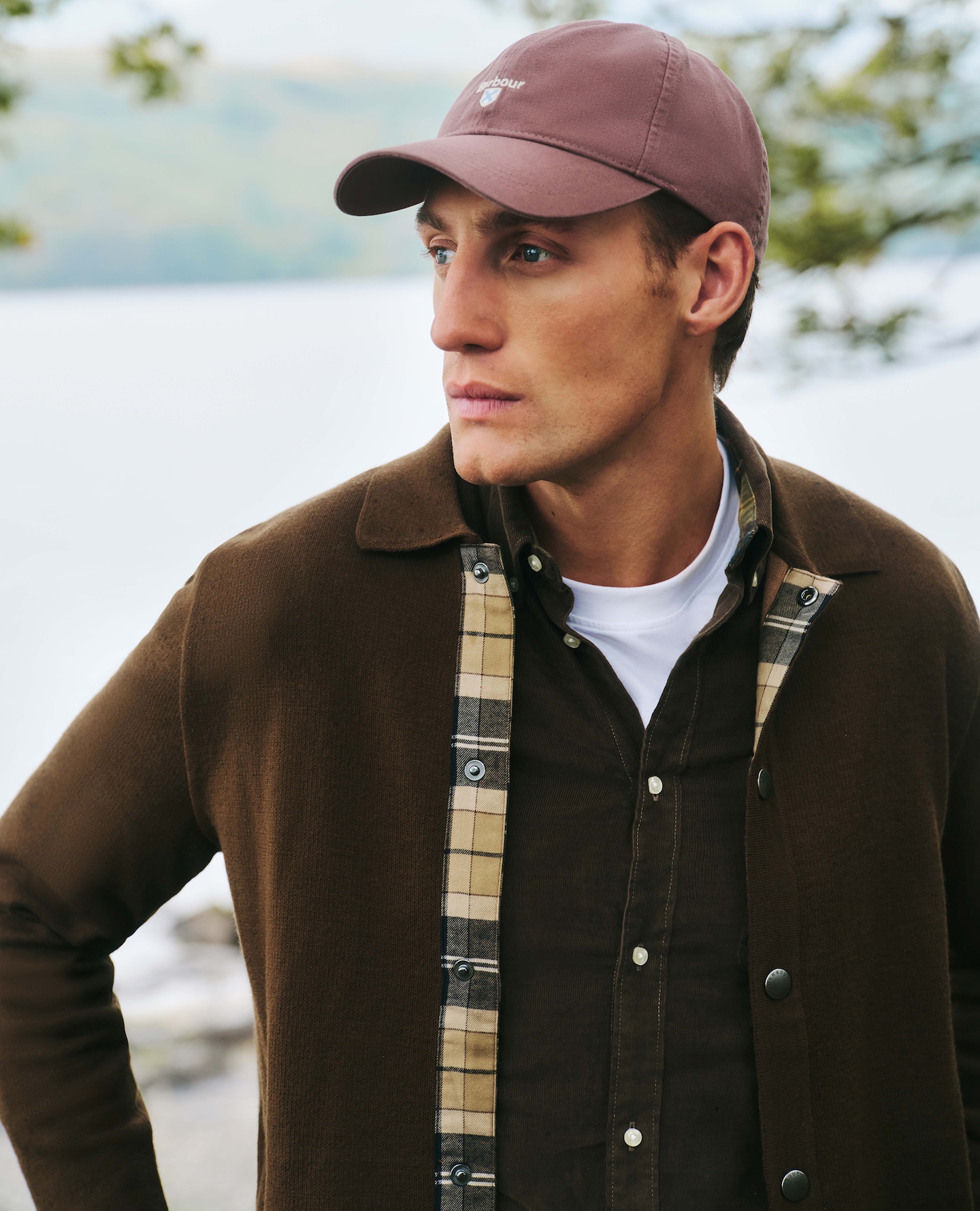 Model wears Barbour Cascade Cap - Peppercorn