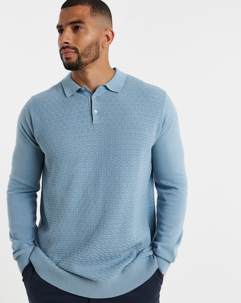 Textured Long Sleeve Knitted Polo