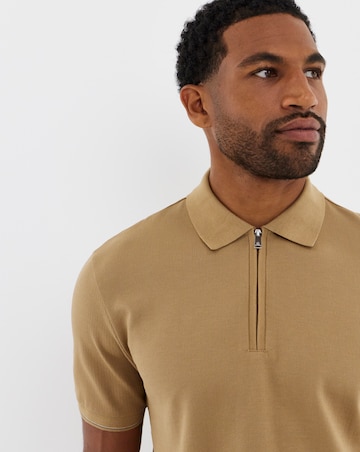 BOSS Short Sleeve Zip Neck Polo - Beige