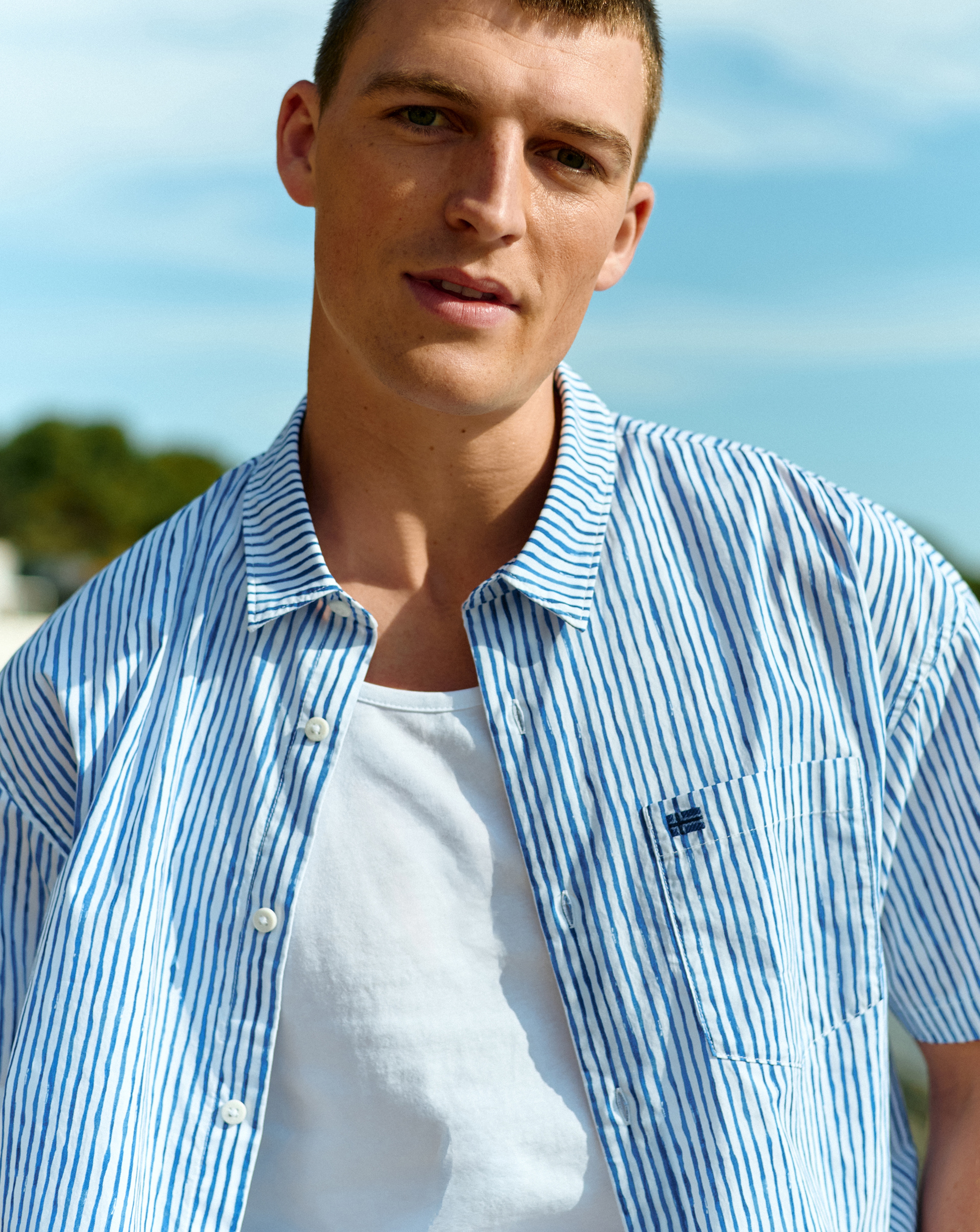 Model wears Napapijri Elior Short Sleeve Shirt - Stripe