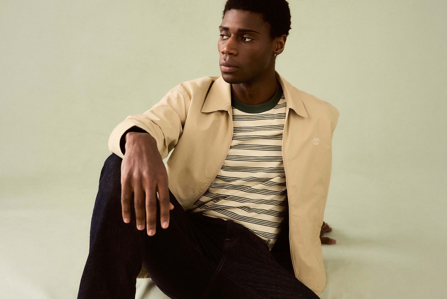 Model wears Timberland Stratham Cotton Bomber - Stone
