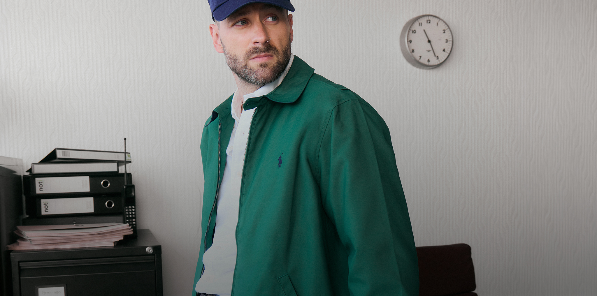 Model wears green jacket from Polo Ralph :auren