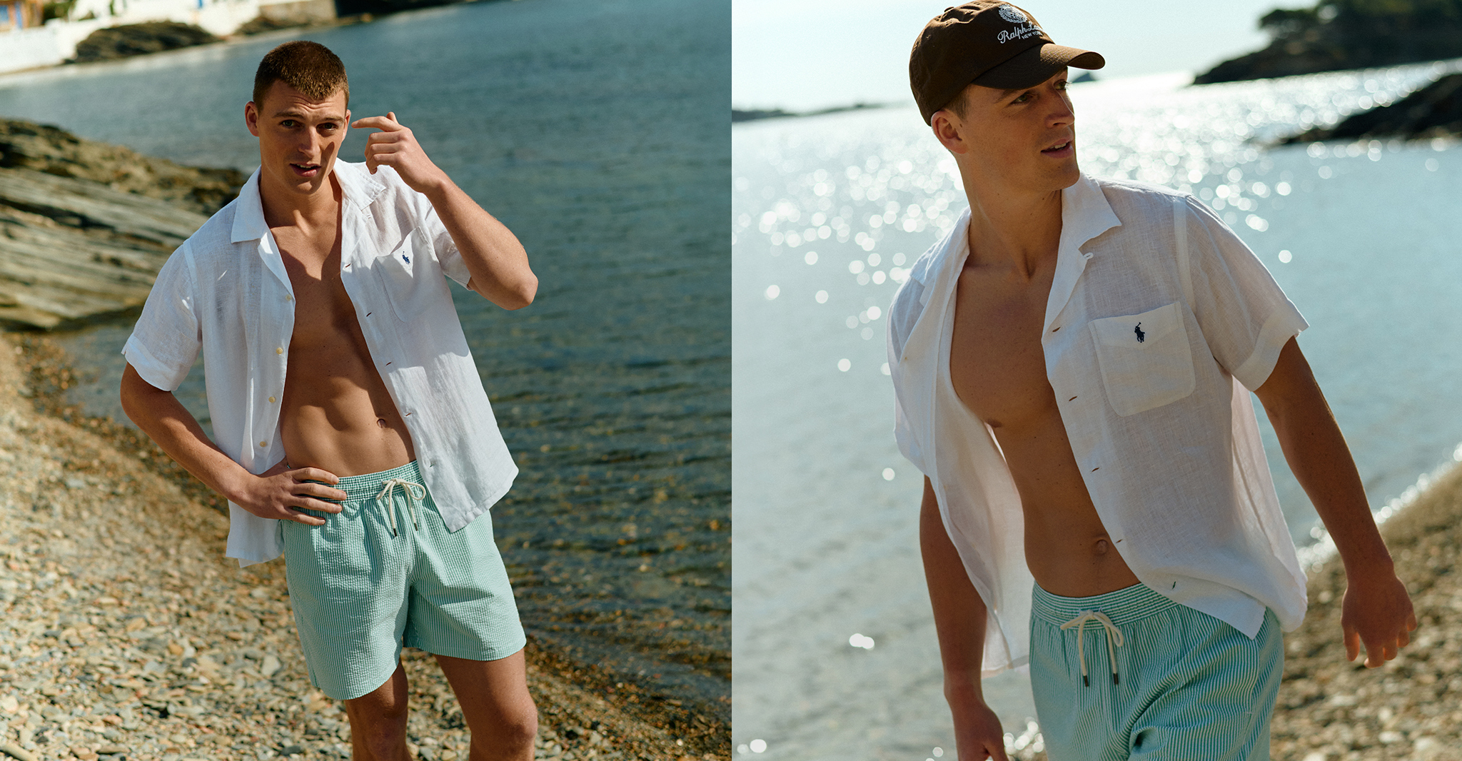 Model wears Polo Ralph Lauren Seersucker Swimshort - Green/White with Polo Ralph Lauren Short Sleeve Linen Resort Shirt - White