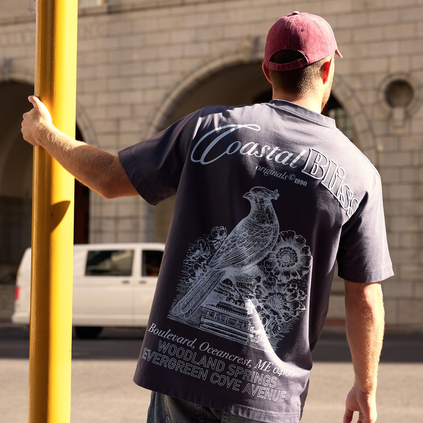 Model wears Jack & Jones Coastal Woodland Back Graphic T-Shirt - Grey