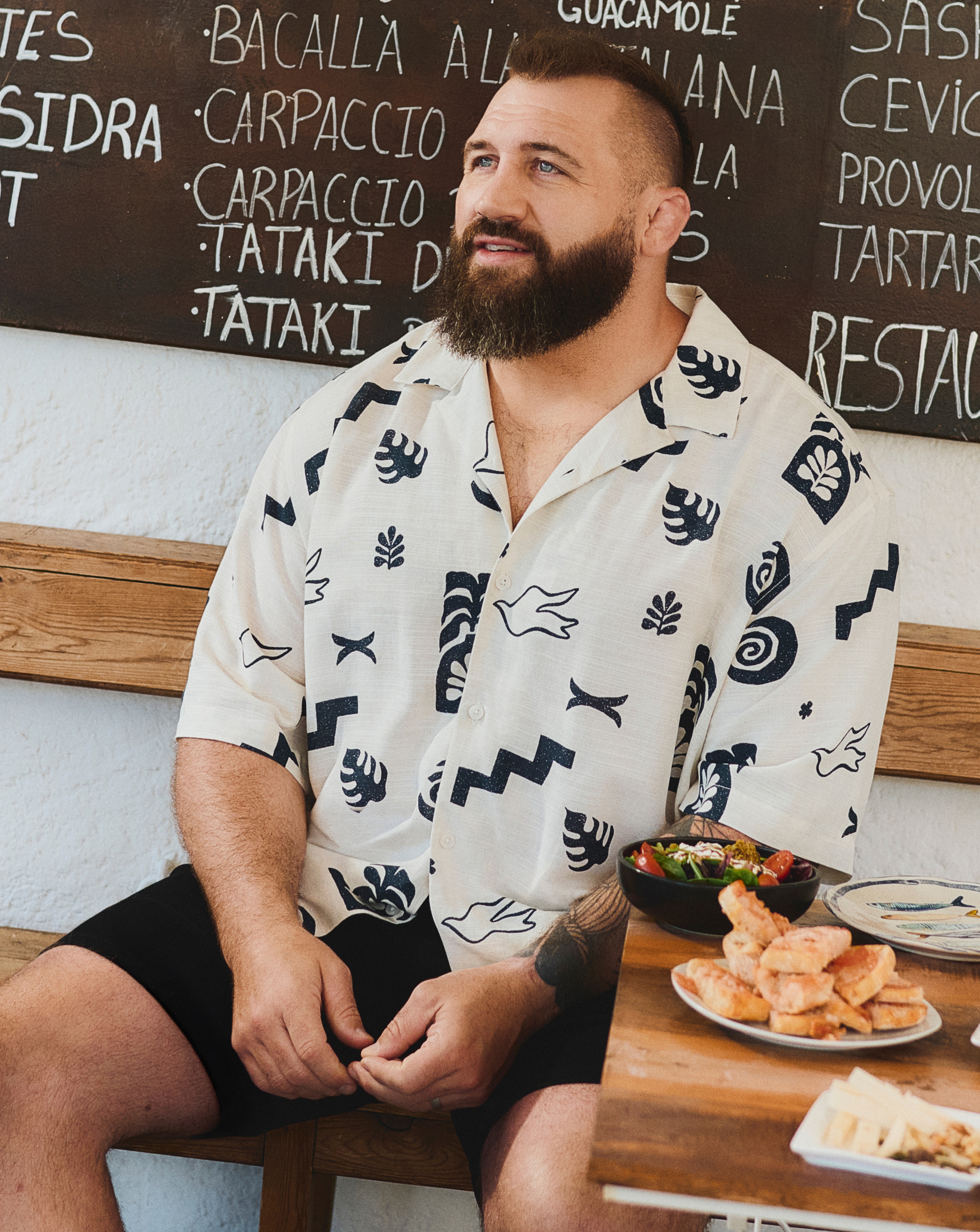 Joe Marler wears Fully Elasticated Waist Dock Short with Only & Sons Printed Shirt - Cream