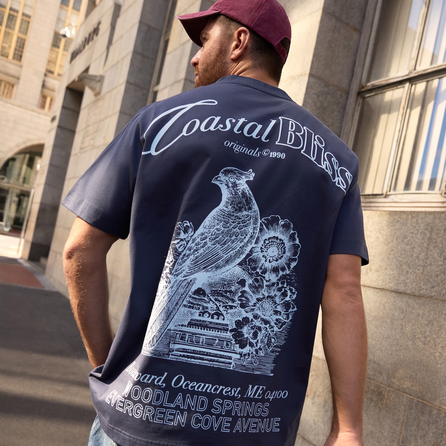 Model wears Jack & Jones Graphic Tee - Navy