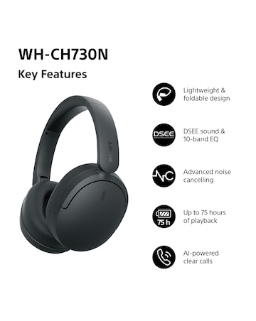 Sony WH-CH730N Wireless Noise Cancelling Over-Ear Headphones - Black