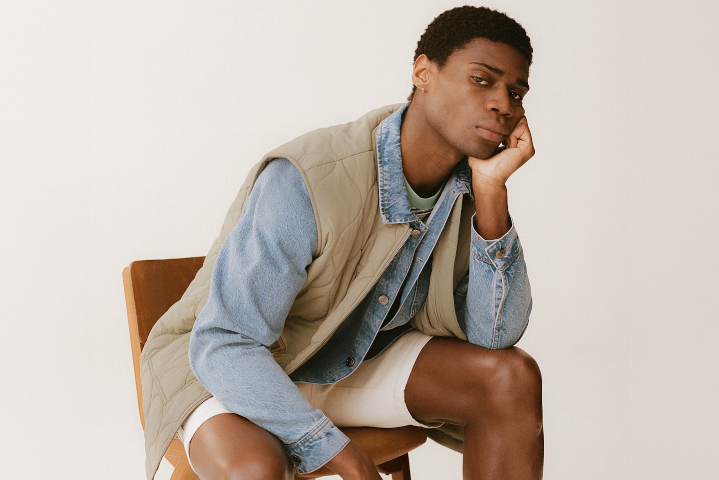 Model wears Union Western Denim Shirt with Union Comfort Waist Gabardine Shorts