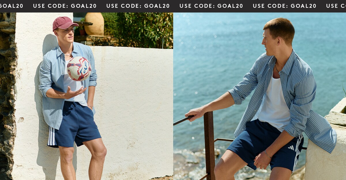 Model wears blue adidas 3 Stripes French Terry Shorts with a white tee underneath a blue stripe shirt with a red cap.

Polo Ralph Lauren Seersucker Swimshort - Green/White with Polo Ralph Lauren Short Sleeve Linen Resort Shirt - White