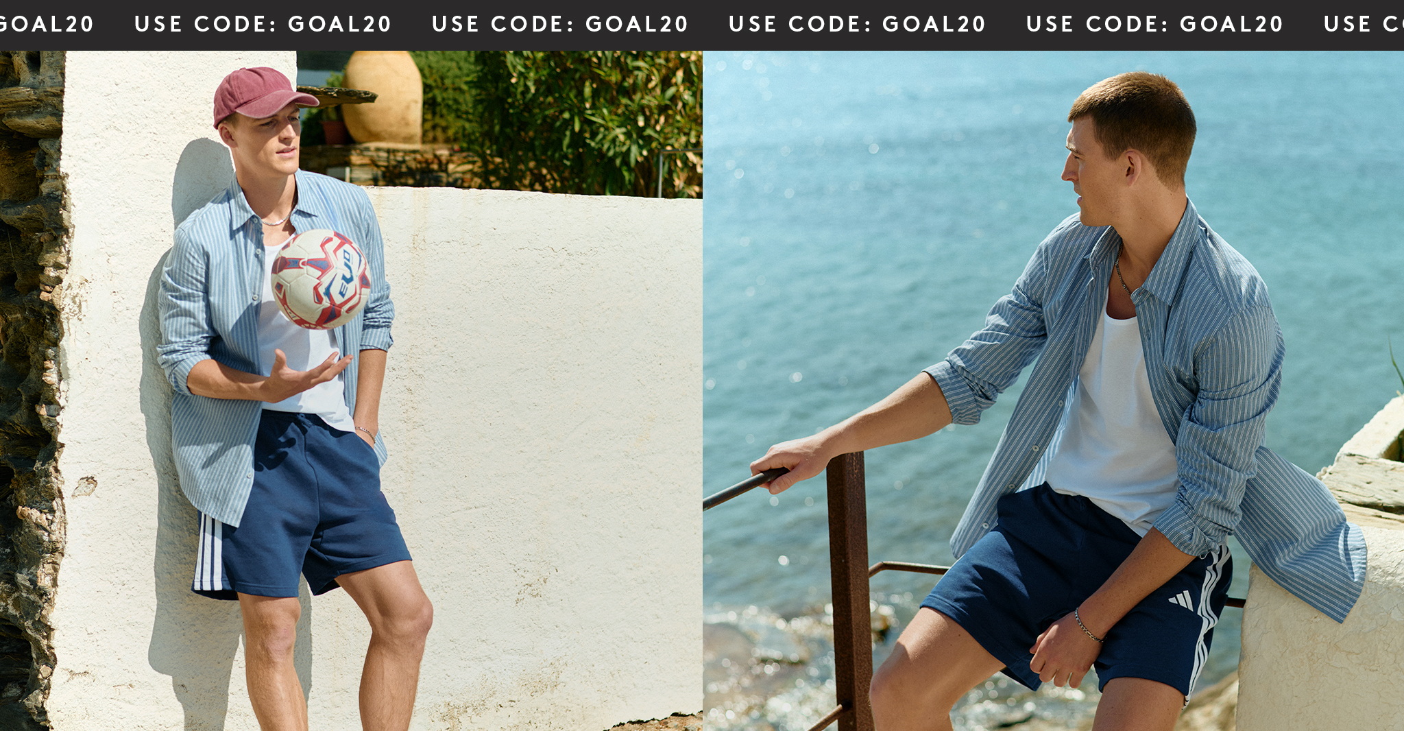 Model wears blue adidas 3 Stripes French Terry Shorts with a white tee underneath a blue stripe shirt with a red cap.
Polo Ralph Lauren Seersucker Swimshort - Green/White with Polo Ralph Lauren Short Sleeve Linen Resort Shirt - White