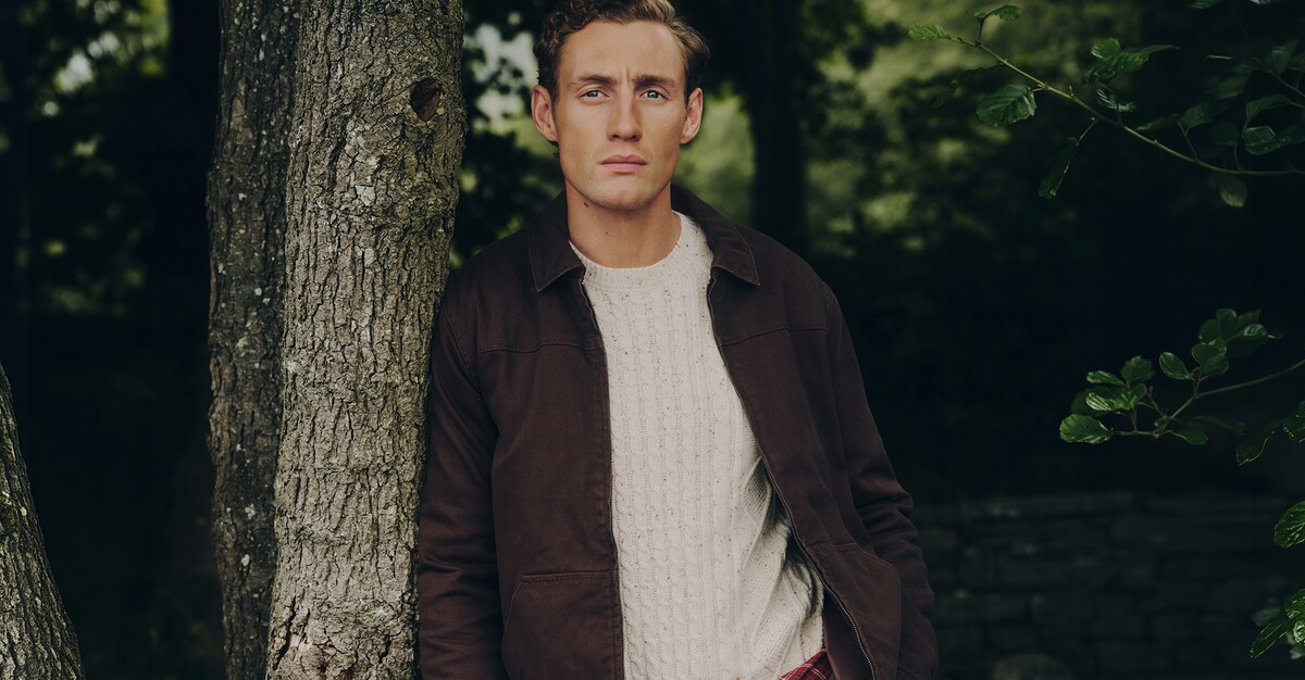 Model wears Washed Worker Jacket with Twist Yarn Detail Cable Knit Jumper