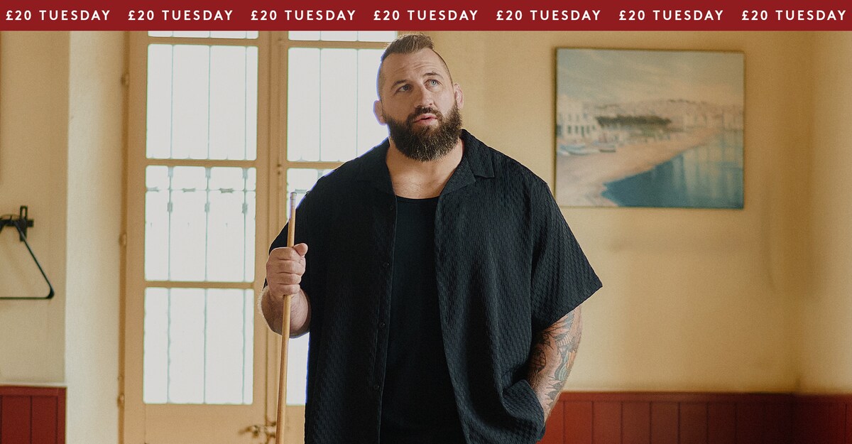 £20 Tuesday. 100s of items, £20 & under. Joe Marler is pictured holding a pool cue wearing Jack & Jones Sean Textured Resort Shirt - Black