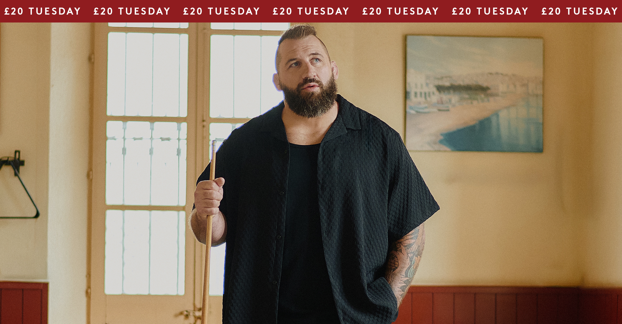 £20 Tuesday. 100s of items, £20 & under. Joe Marler is pictured holding a pool cue wearing Jack & Jones Sean Textured Resort Shirt - Black