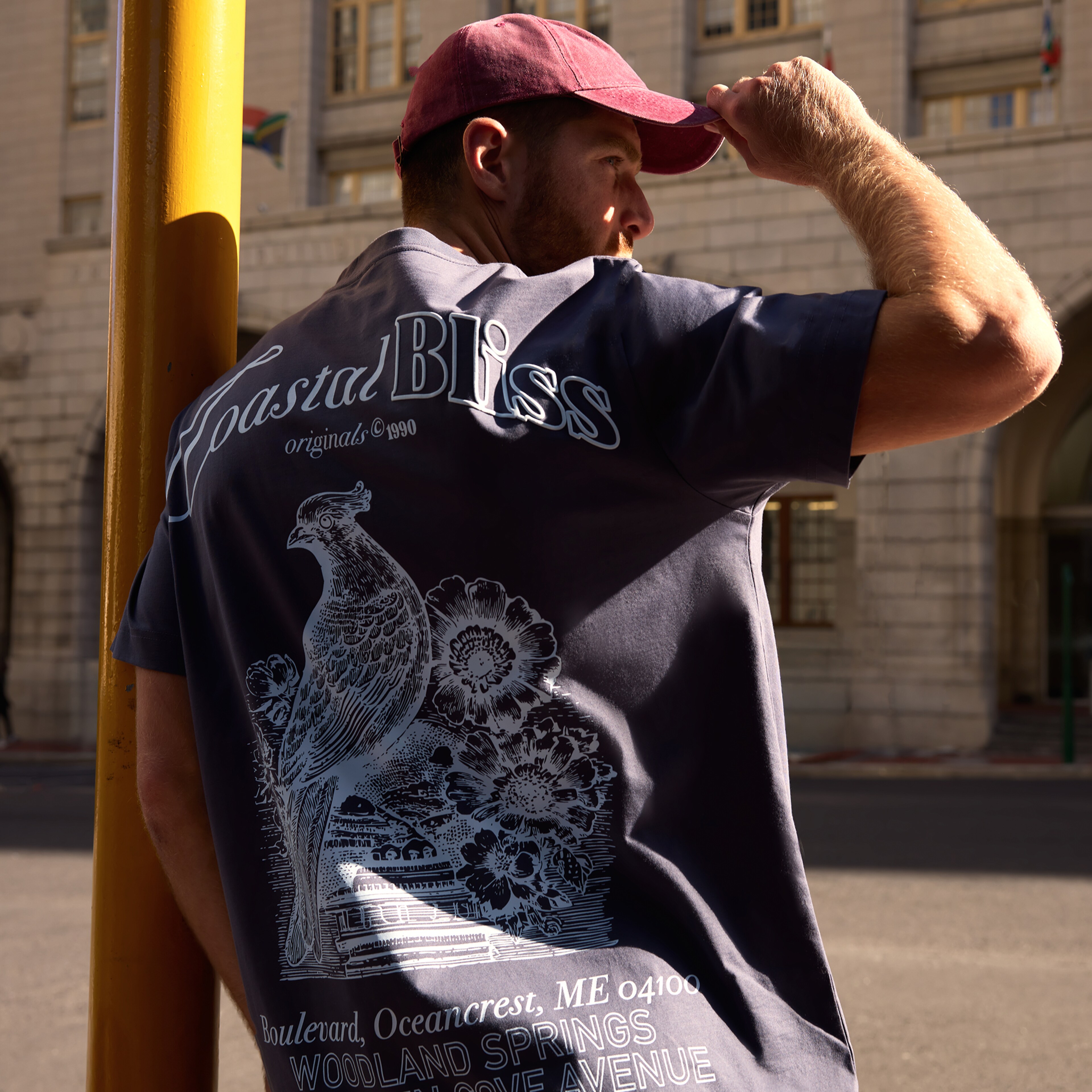 Model wears Jack & Jones Coastal Woodland Back Graphic T-Shirt - Grey