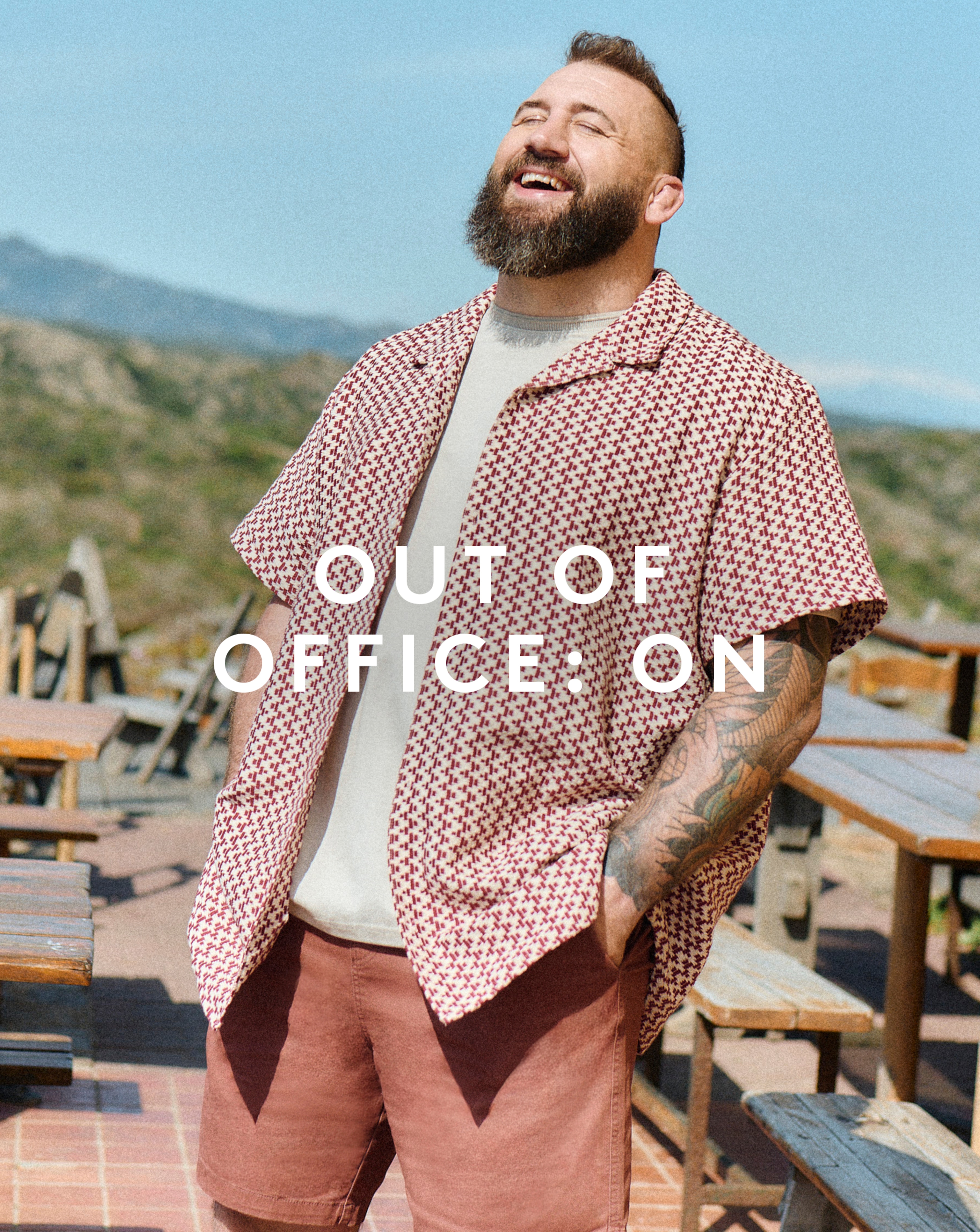 Out of office: On. Joe Marler wears Texture Knitted Shirt in red/white