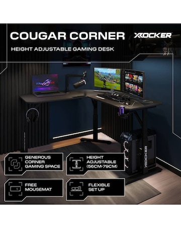 X Rocker Cougar 140cm Height Adjustable Corner Gaming Desk with Mousepad - Black