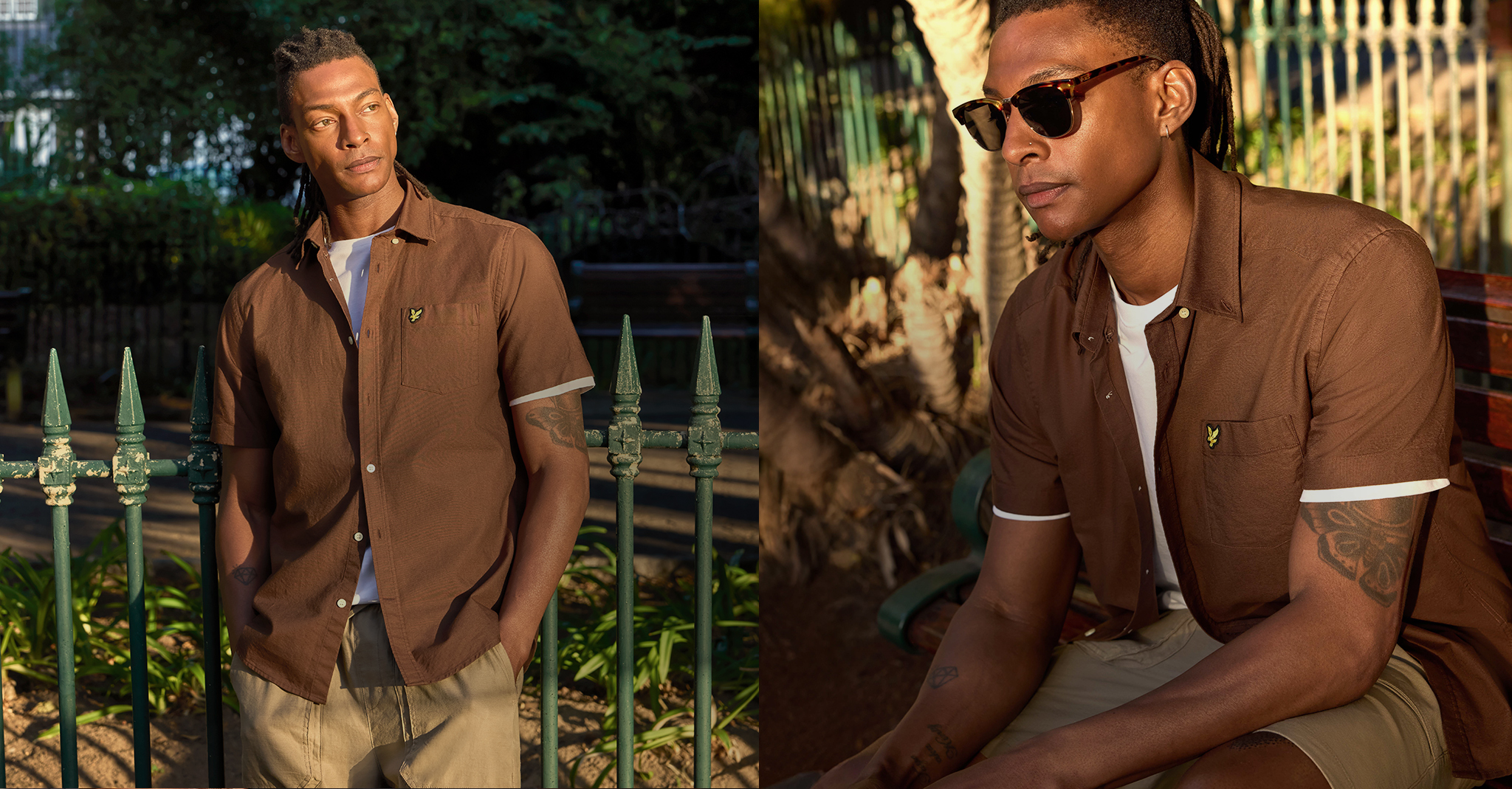 Model wears Lyle & Scott Short Sleeve Oxford Shirt - Walnut sat in a Summer park