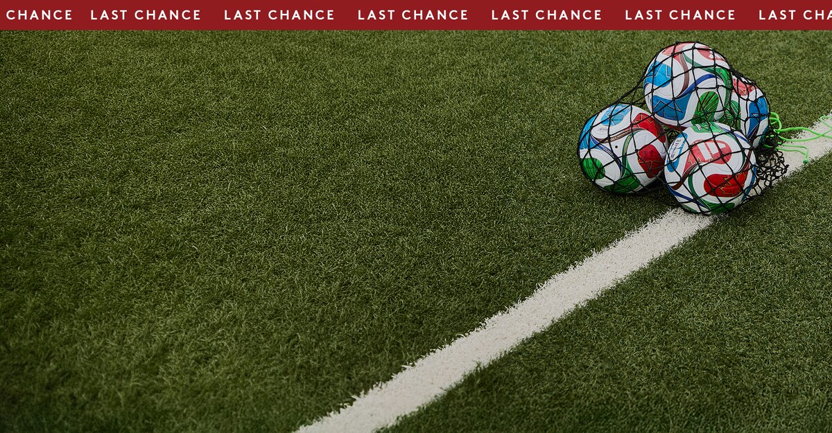 Last Chance. Now up to 60% off Summer sale. World Cup footballs are pictured against a football pitch.