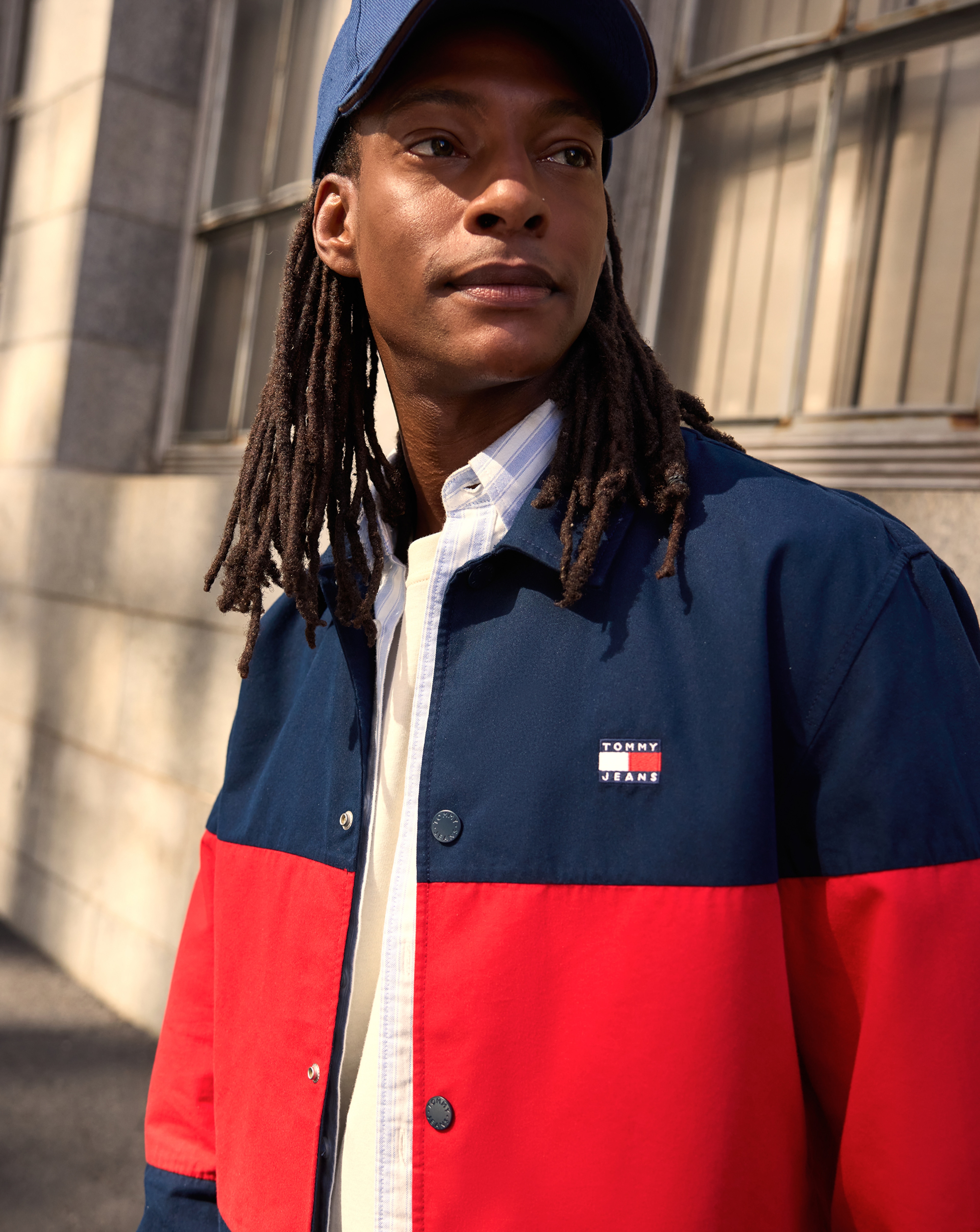 Model wears Tommy Jeans Colorblock Overshirt - Navy