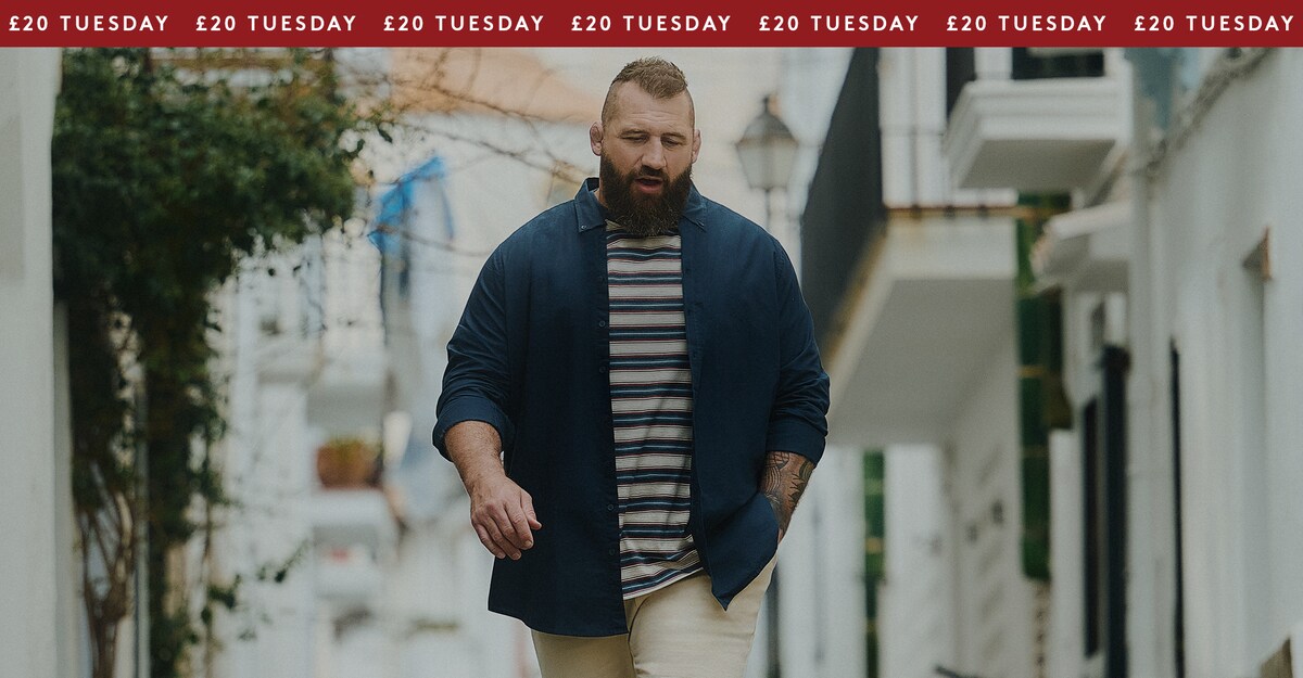 £20 Tuesday. Joe Marler wears Navy Long Sleeve Shirt with Striped T-shirt