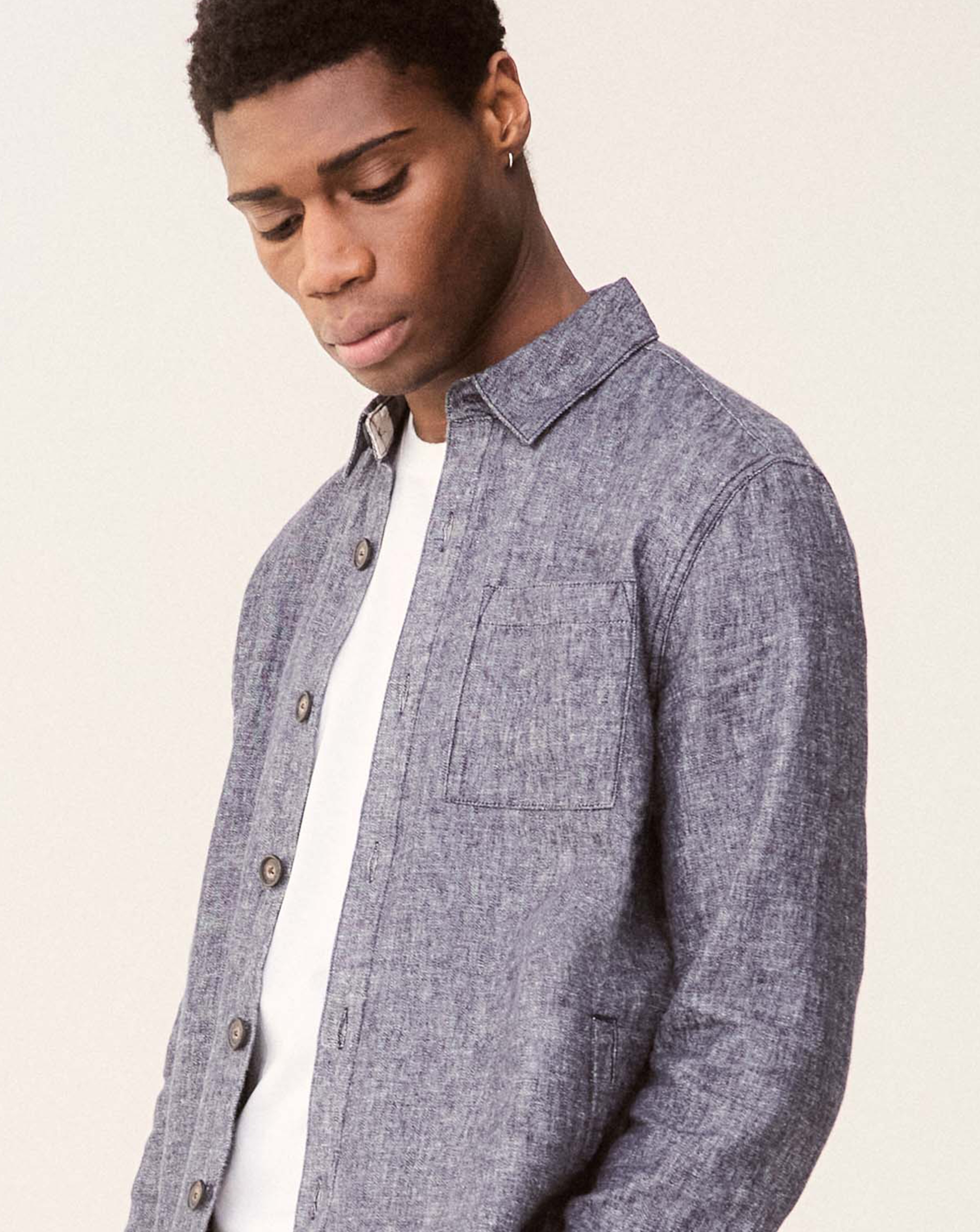 Model wears Barbour Stillwater Linen Blend Overshirt - Navy