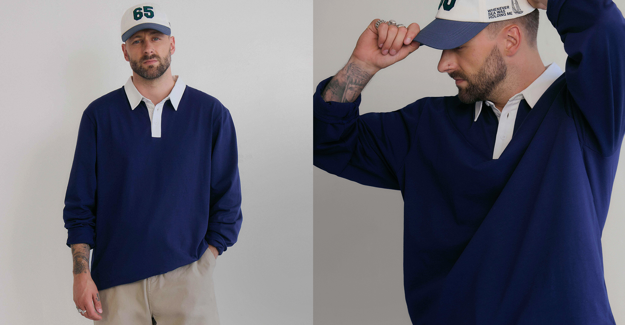 Model wears Long Sleeve Rugby Polo-Long Length is pictured with Baseball cap