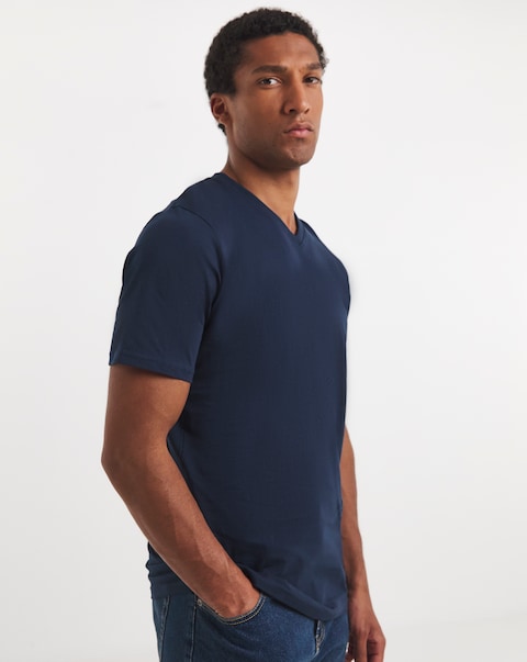 Pure Cotton V-Neck T-Shirt Long- Navy