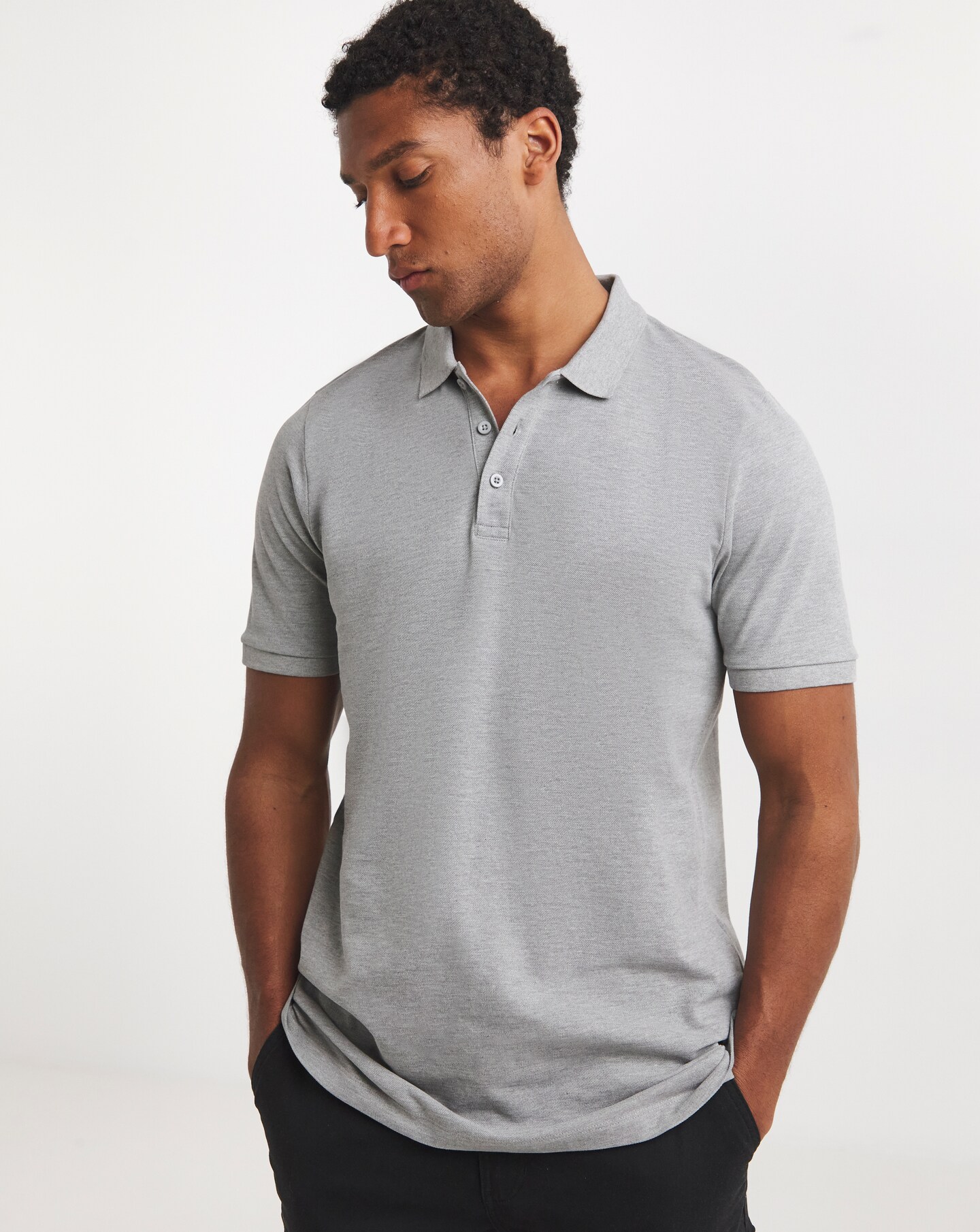 Pure Cotton Marl Pique Polo Long Length- Charcoal
