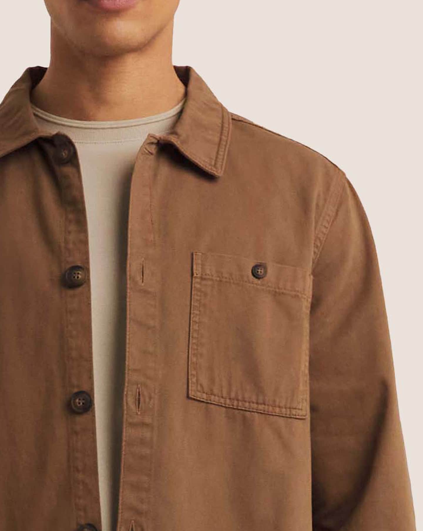 Model wears Brown Twill Overshirt