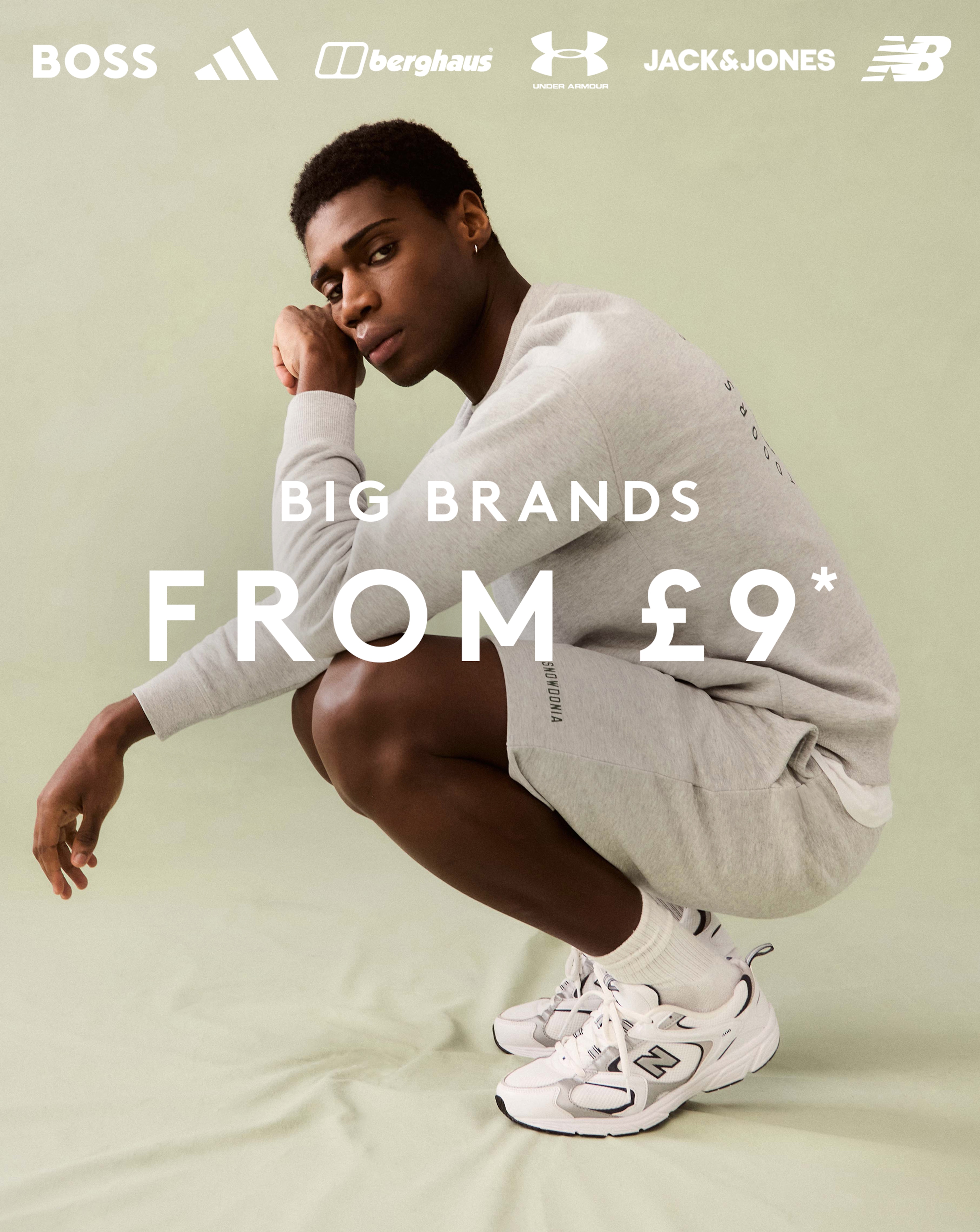 Big Brands from £9* Model wears Men's New Balance 408 Trainers with Snowdonia Relaxed Jogger and Shorts