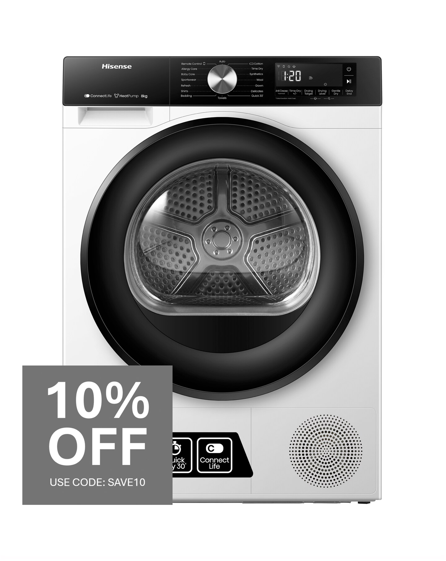 Hisense 3S Series DH3S802BW3 WiFi-enabled 8kg Heat Pump Tumble Dryer - White