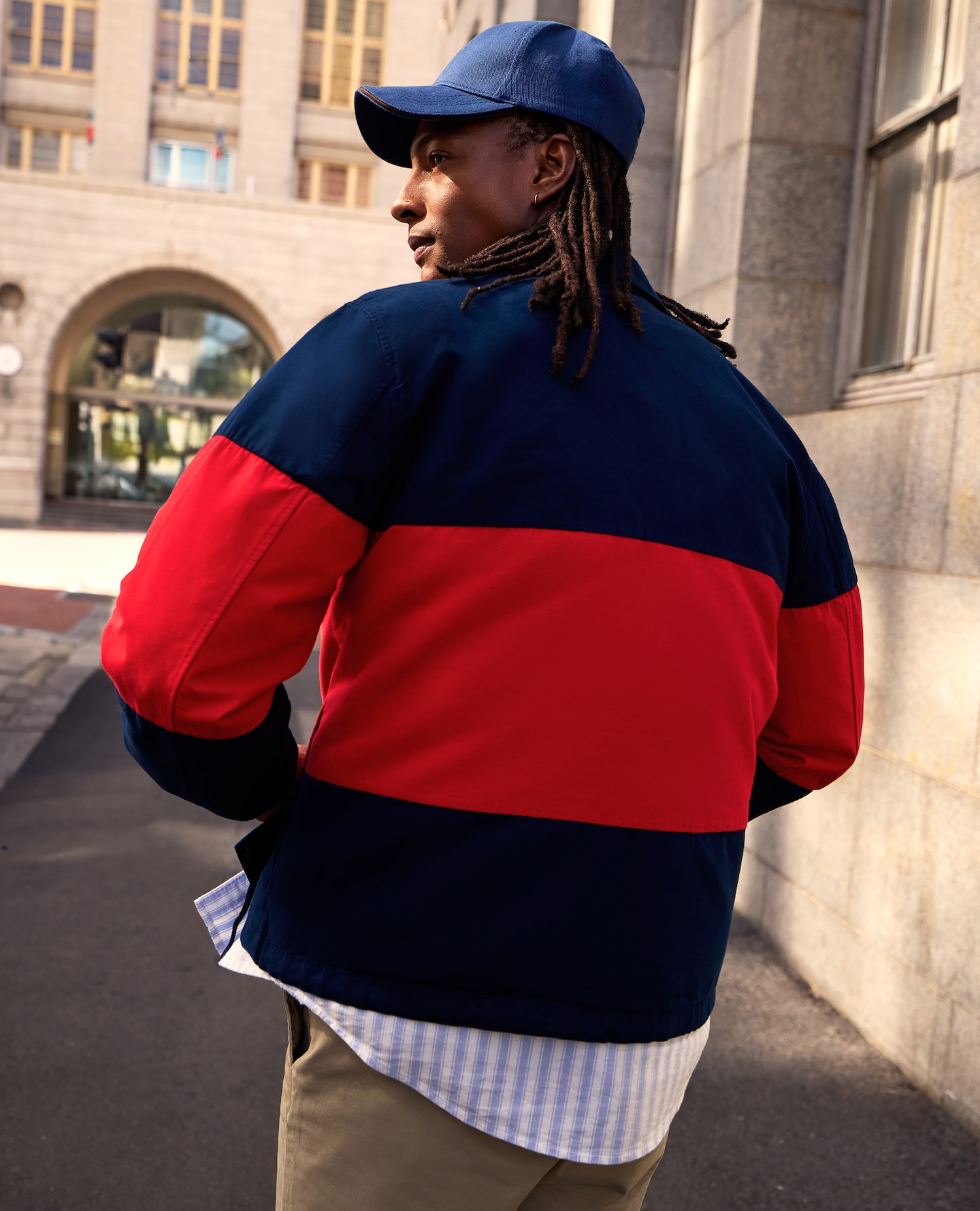 Model wears Tommy Jeans Colorblock Overshirt - Navy