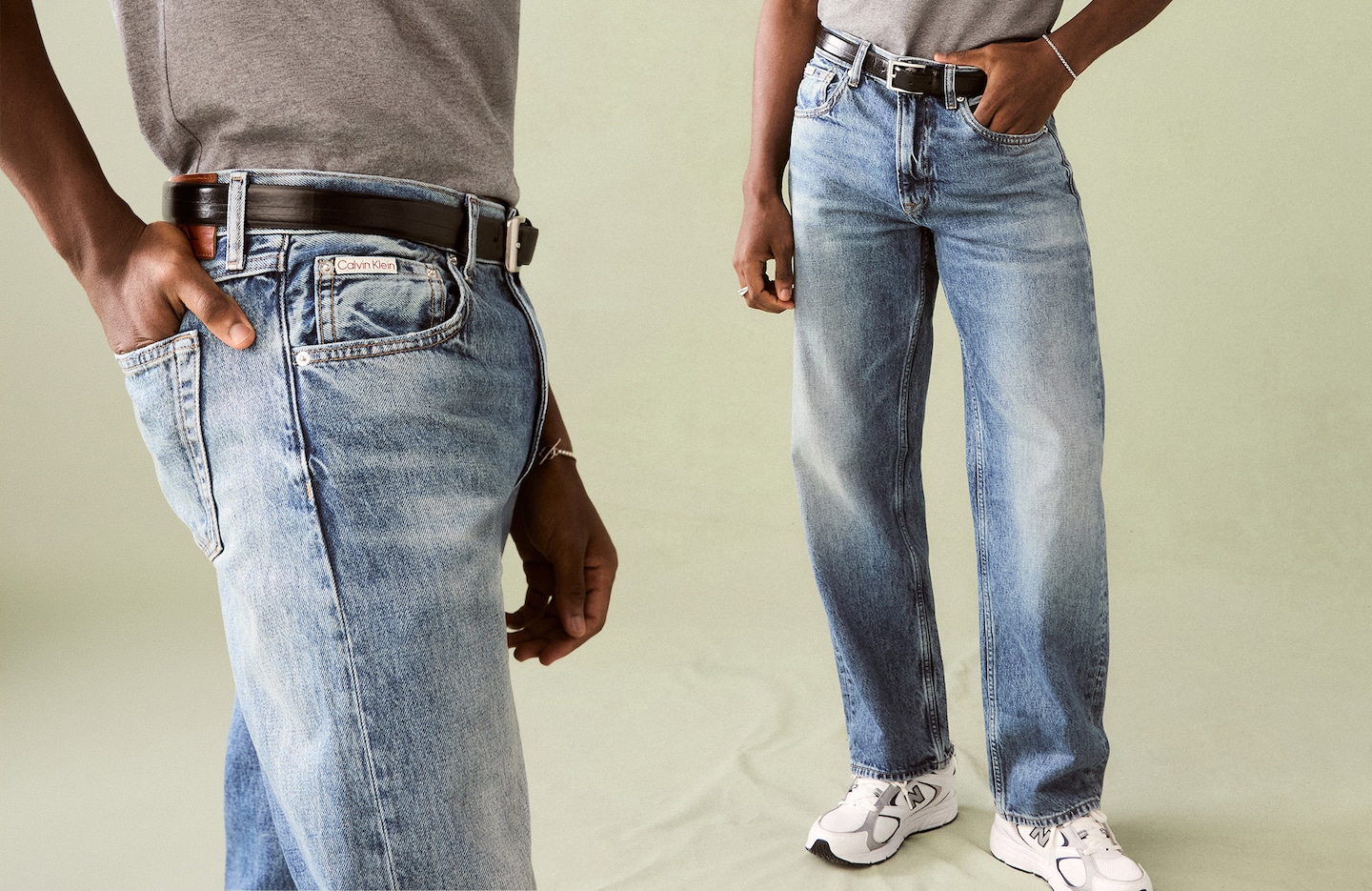 Model wears baggy jeans from Calvin Klien