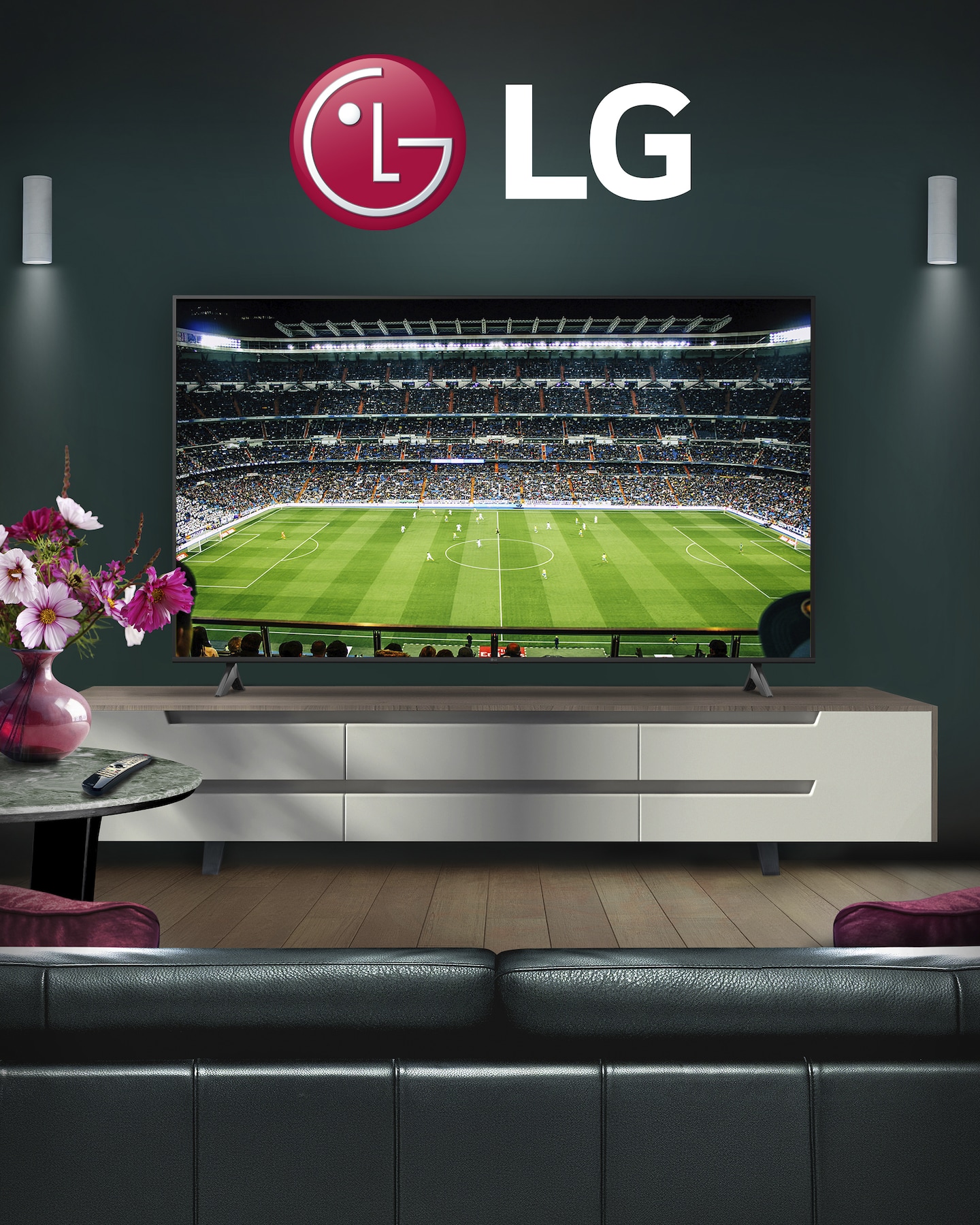 LG Living room set shows a big football match with LG TV.