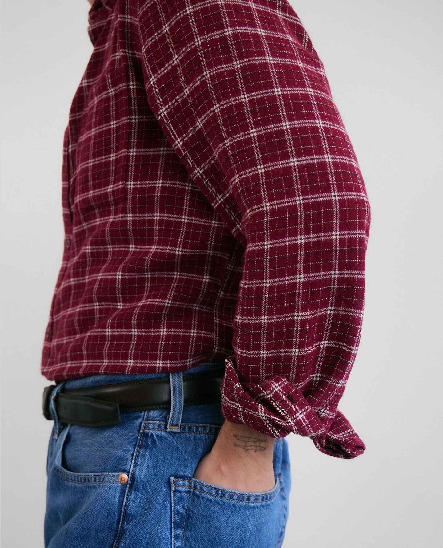 Model wears Red Check Shirt