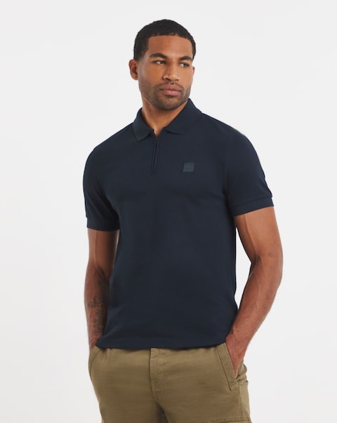 BOSS Short Sleeve Slim Fit Zip Neck Polo - Navy