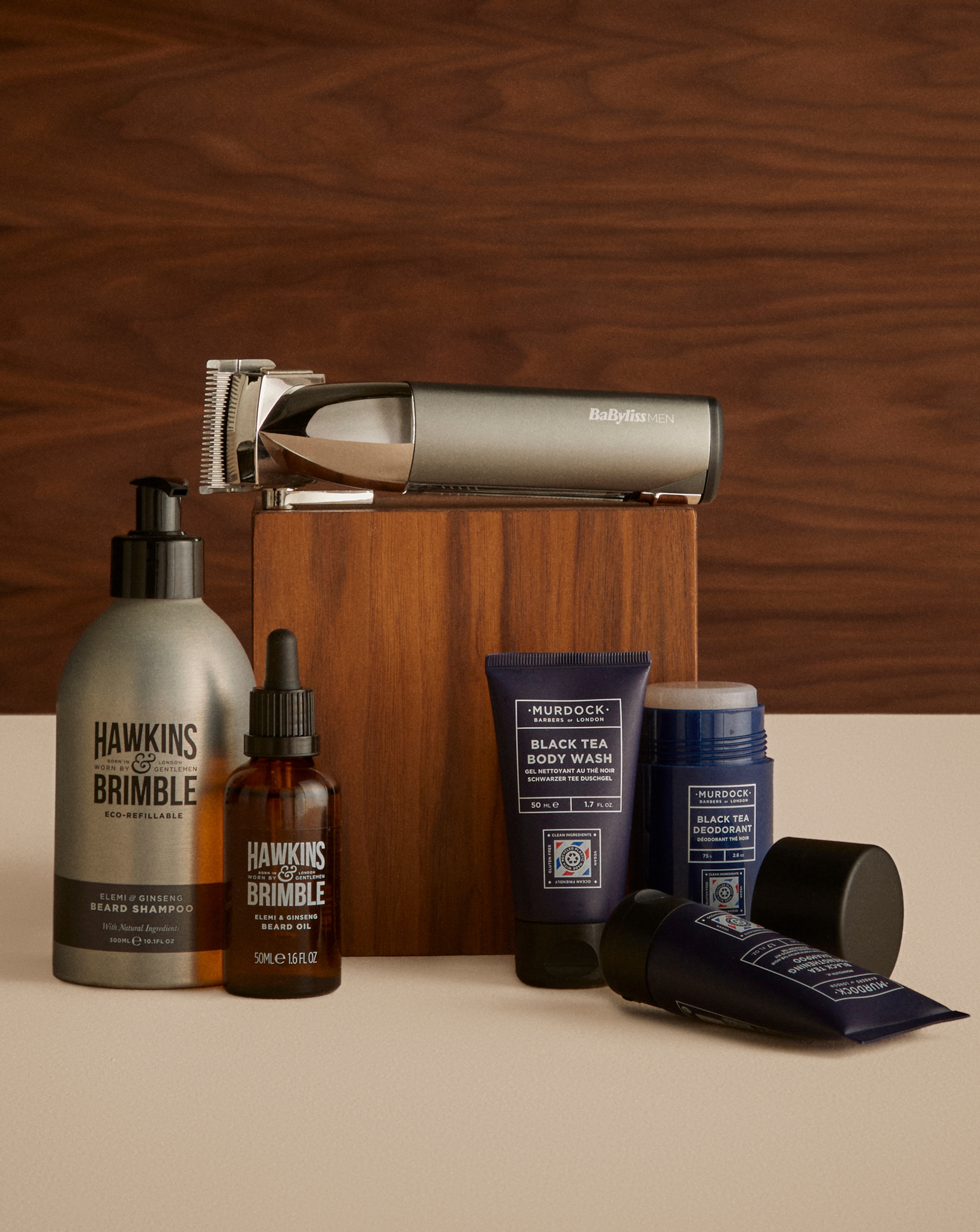 Father's day grooming products are pictured including Hawkins & Brimble, Babyliss and Murdoch