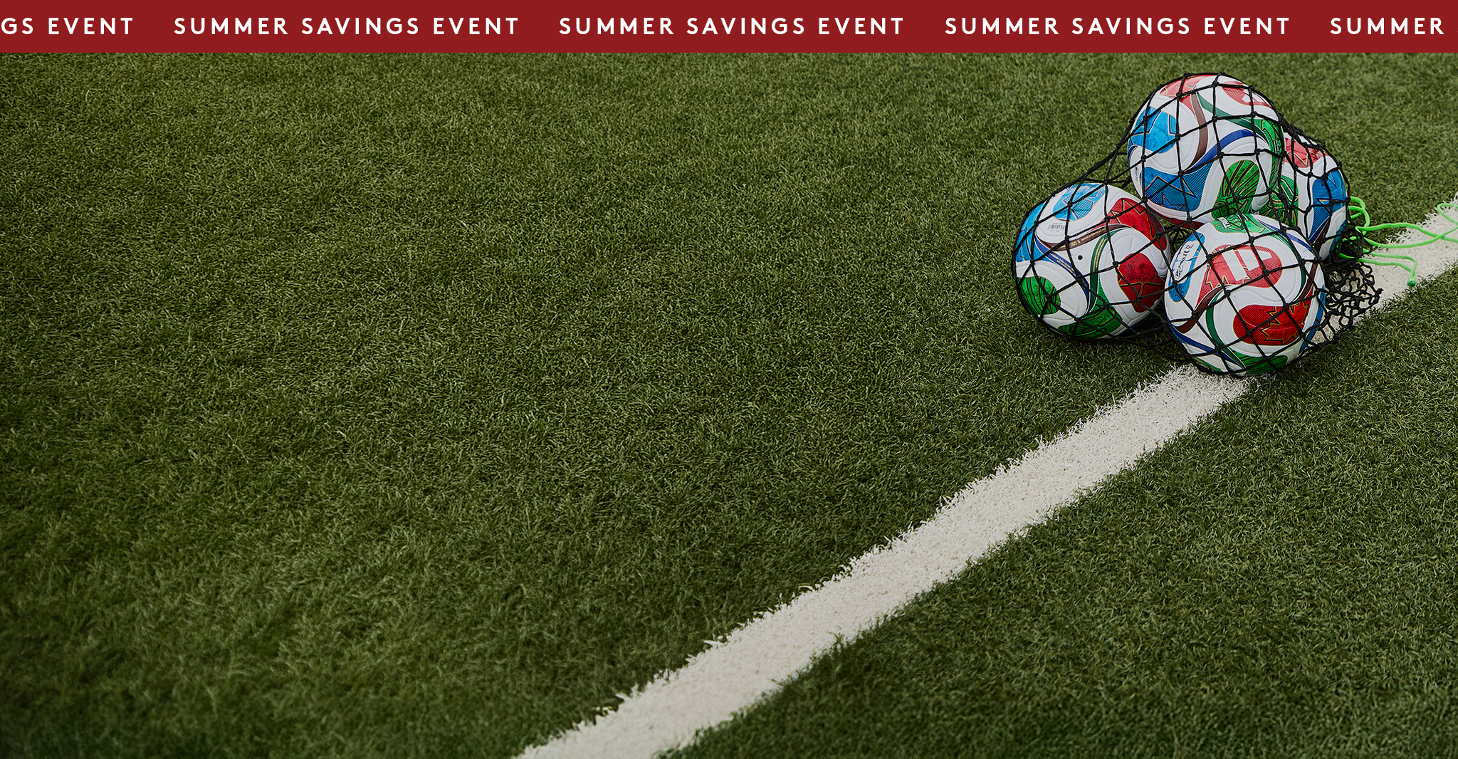 Summer Savings Event up to 50% off* Fifa World Cup footballs pictured on a pitch
