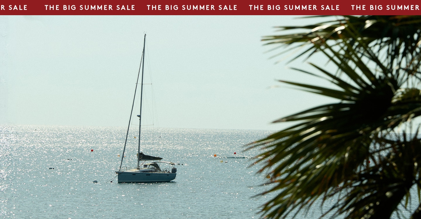A boat sailing in the sea with a palm tree to the right.