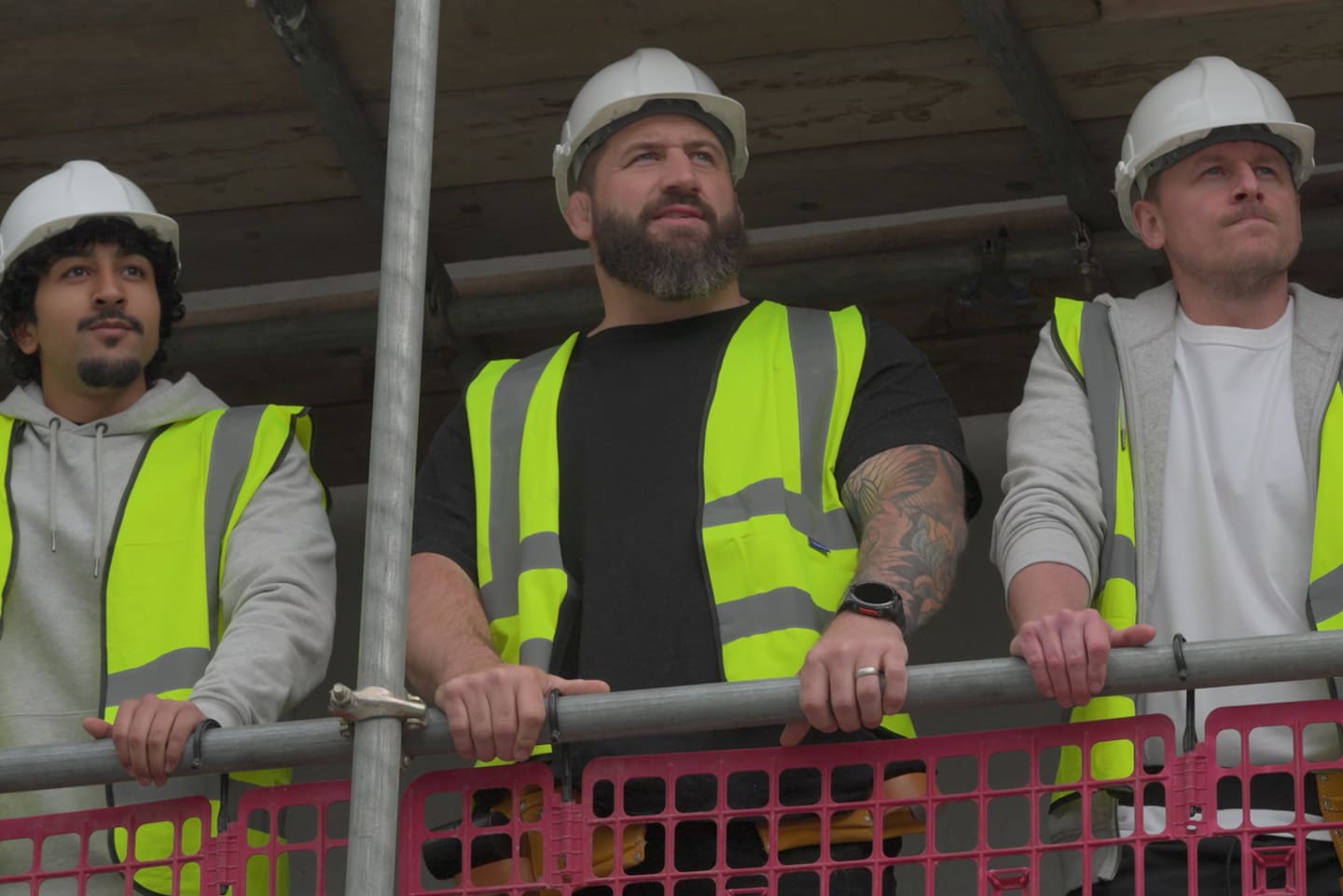 Joe Marler pictured as a builder with 2 other buiders either side of him for 'Get The Nod'