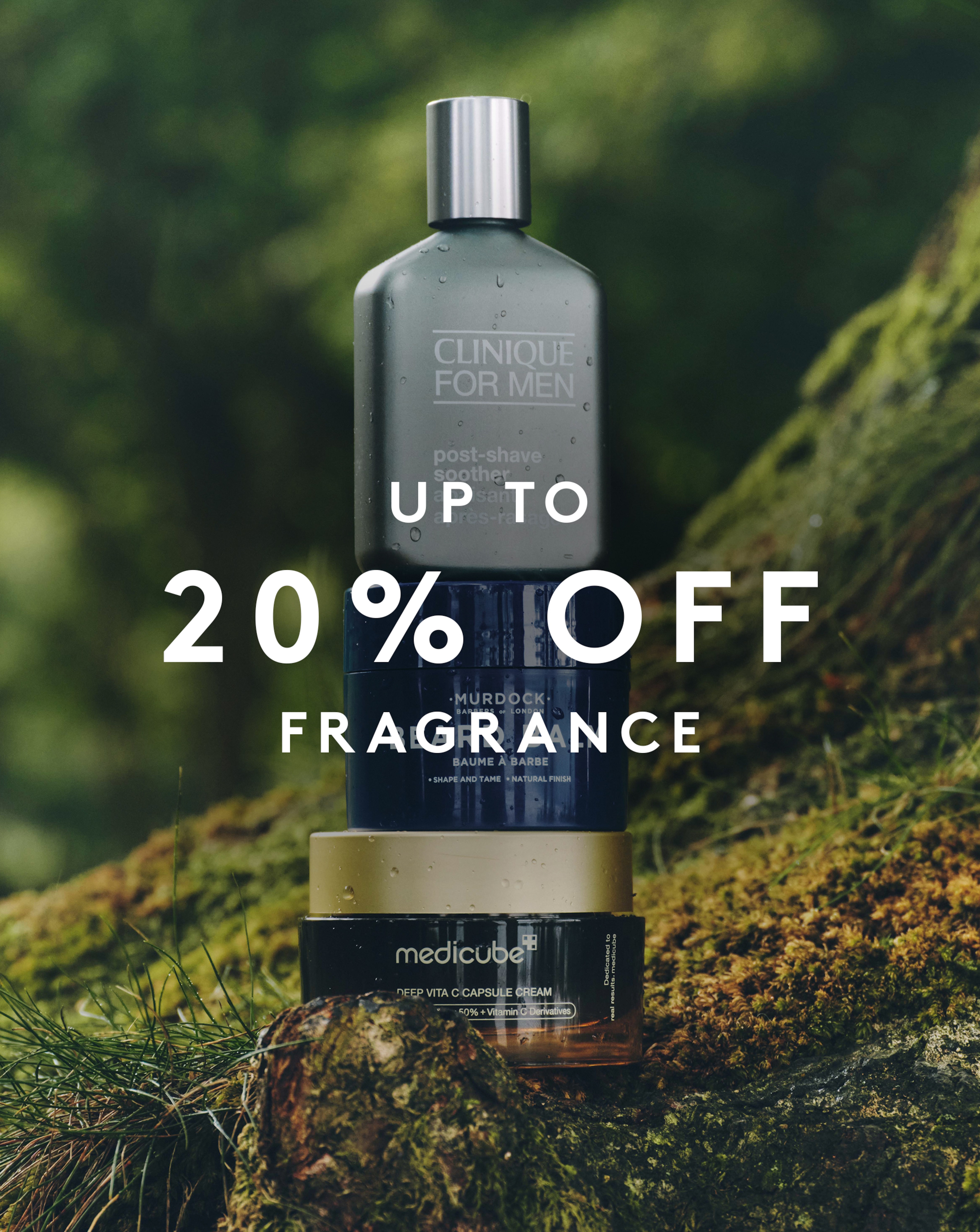 Up to 20% off Fragrance. Image shows various grooming products