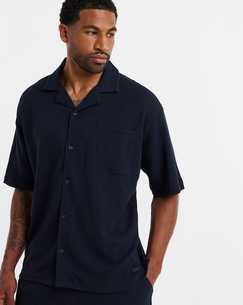 BOSS Short Sleeve Waffle Resort Shirt - Navy