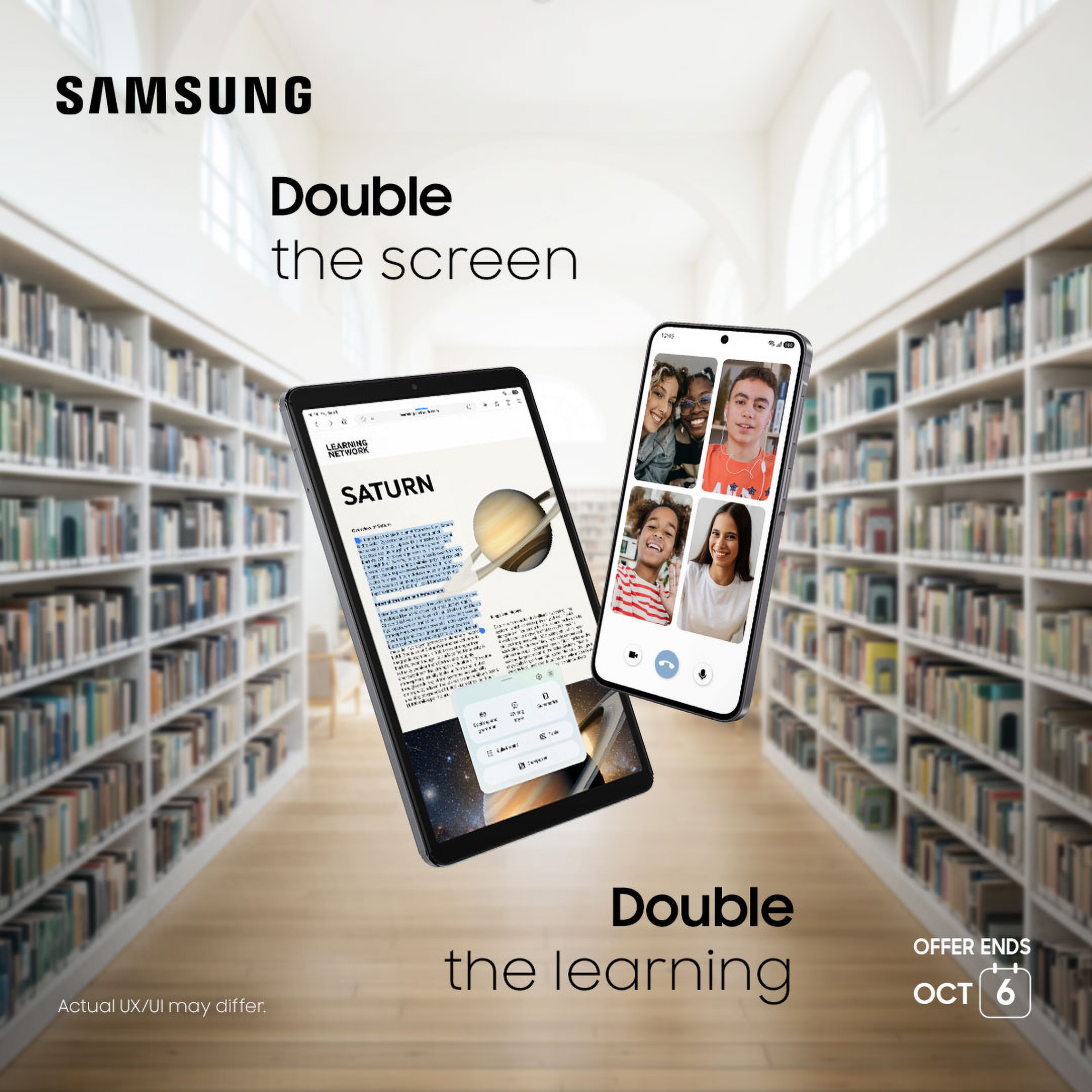 Samsung promotion showing a tablet and smartphone, with “Double the screen, Double the learning” text on a library background.