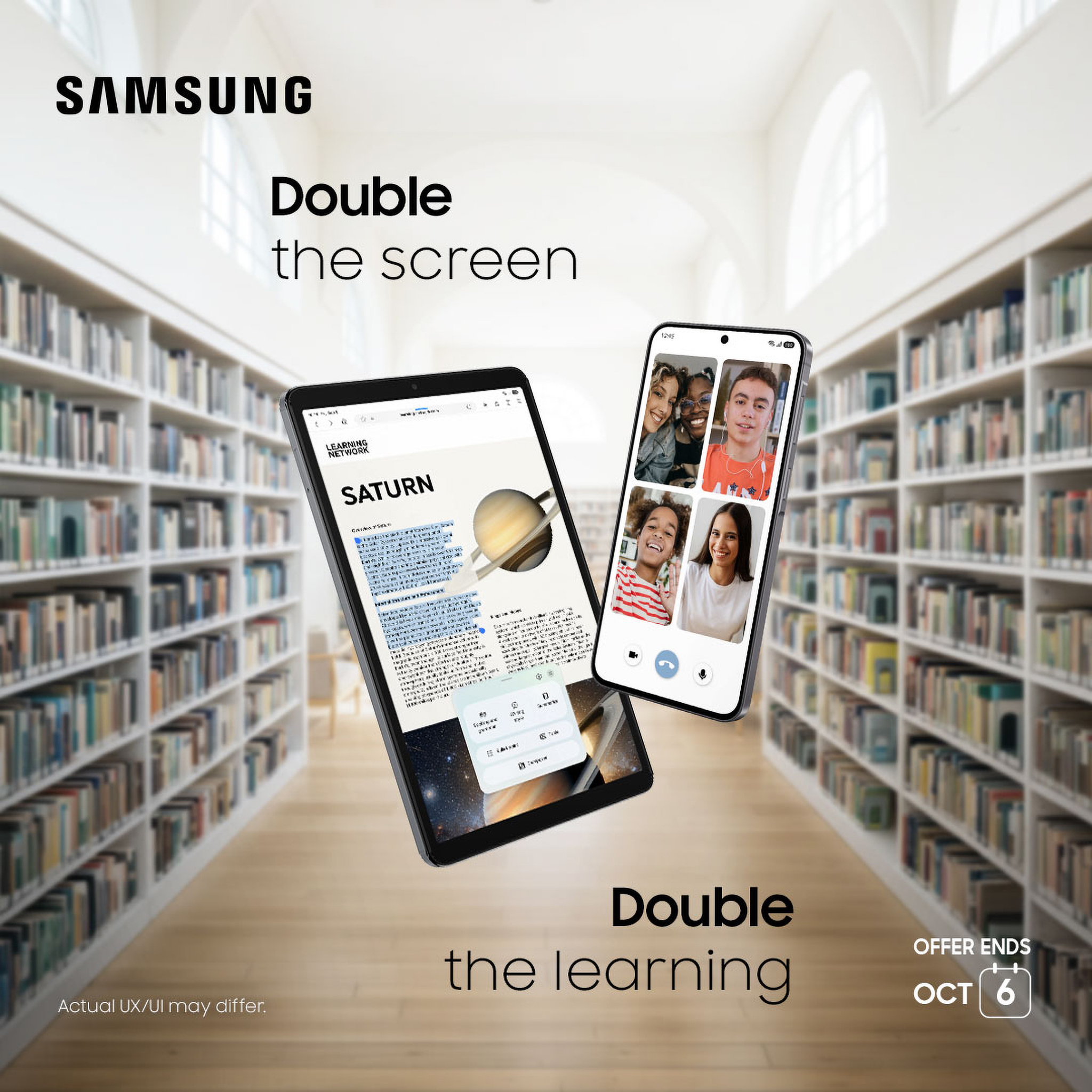 Samsung promotion showing a tablet and smartphone, with “Double the screen, Double the learning” text on a library background.