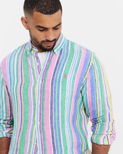 Polo Ralph Lauren Long Sleeve Stripe Linen Shirt - Green/ Pink
