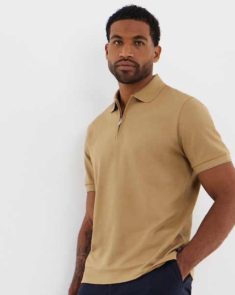 BOSS Short Sleeve Zip Neck Polo - Beige